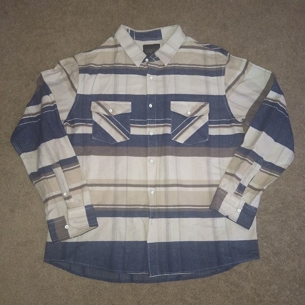 Coastal Men's Button Up Flannel Size XXL Tan Blue